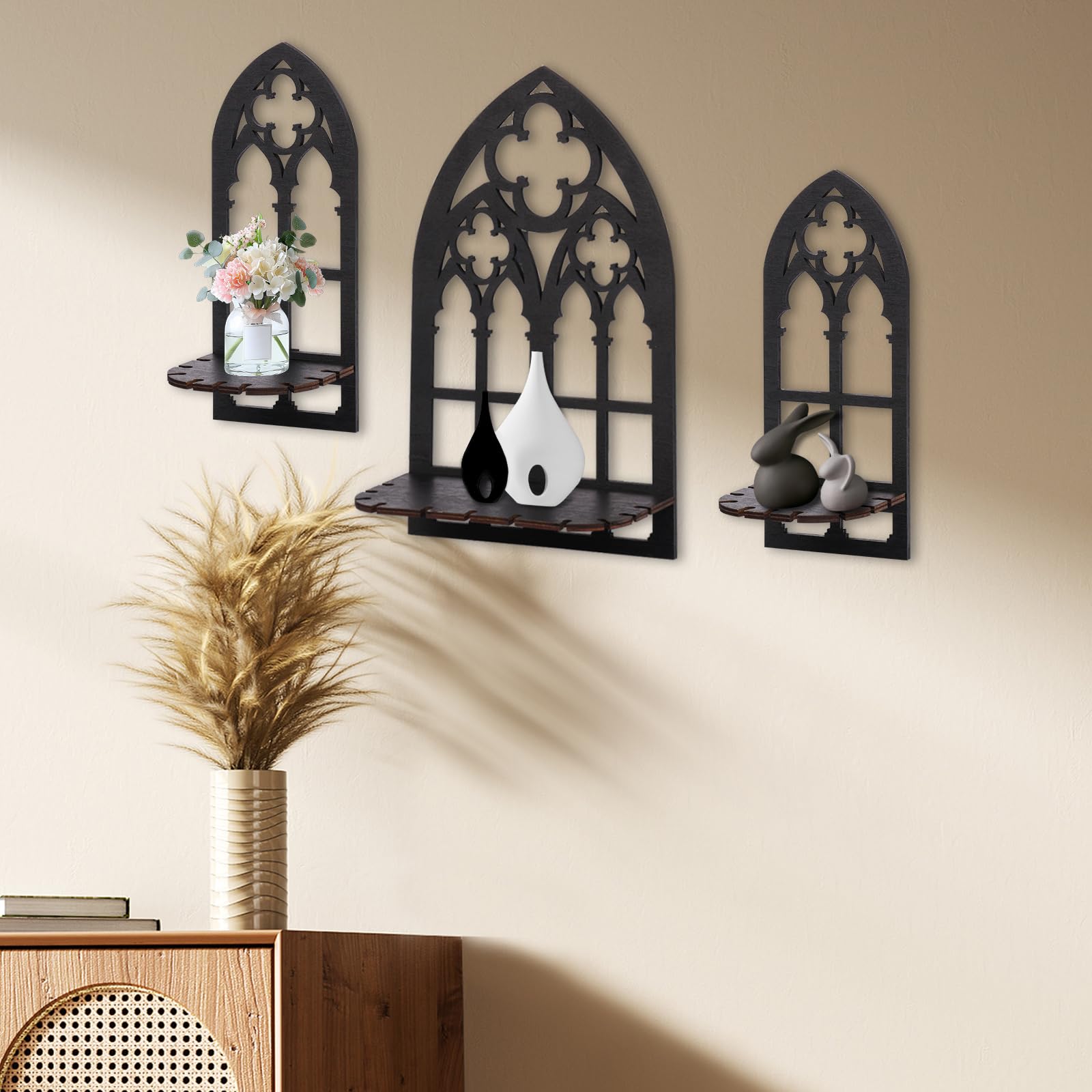 QINGLANG 3 PCS Wooden Shelf for Crystals Display Floating Shelves Gothic Crystal Shelf Lightweight Wall Candle Sconces Decorative Wall Candle Holder for Wall Decor Home Decor Black