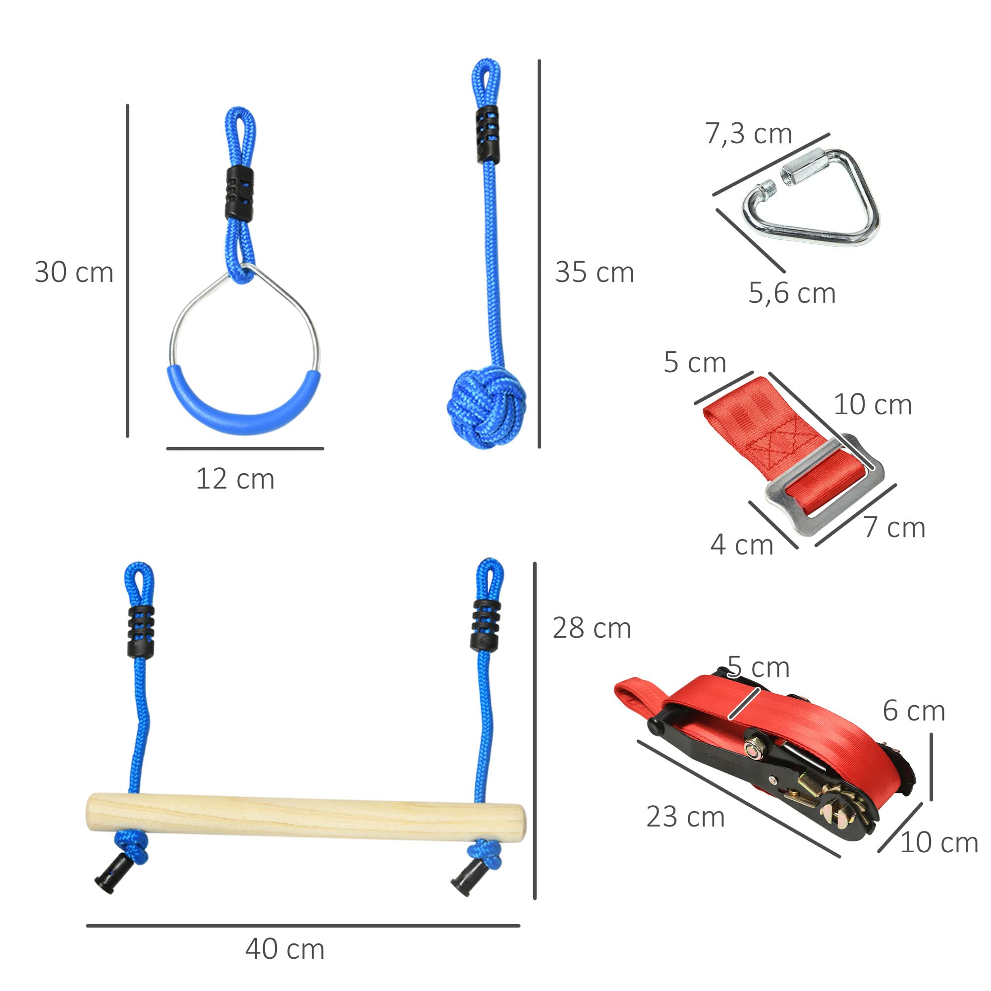Outsunny Parcours d'obstacles Ninja pour Enfants 30 Accessoires 10 m de Slackline et Sac de Transport Bleu Noir Rouge