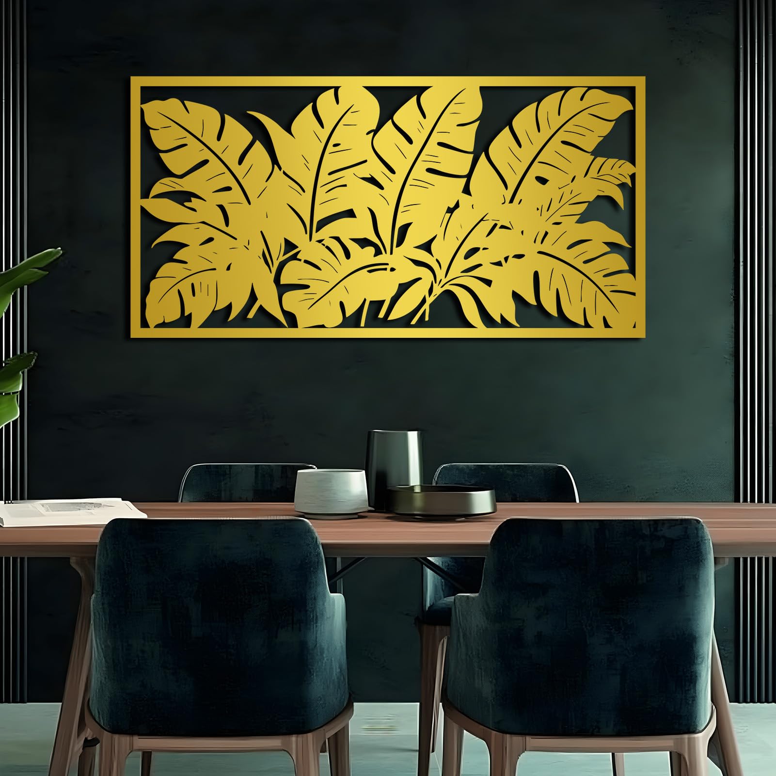 Schwarze Metall-Wandkunst mit Palmenblättern, Tropische Metall-Wandkunst, Blattkunstwerk, Moderne Skulptur für Wohnzimmer, Schlafzimmer, Flur, Heimdekoration (Weiß, 53" x 27" / 135 x 69 cm)