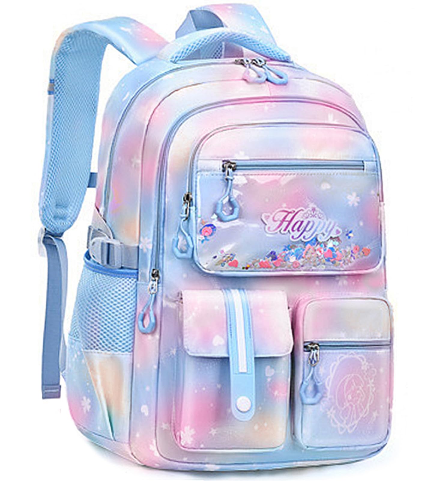 MCWTH Backpack for Teen Girls, Kawaii Cute Kids Elementary Student School Backpacks (Happy Blue)