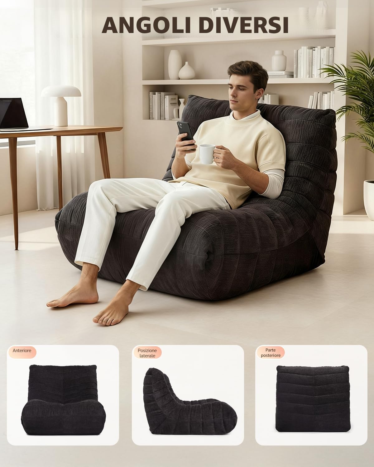 Pouf in schiuma ad alta densità, divano da pavimento in ciniglia con schienale, poltrona da lettura per interni, divano lazzy per soggiorno e camera da letto (Marrone)