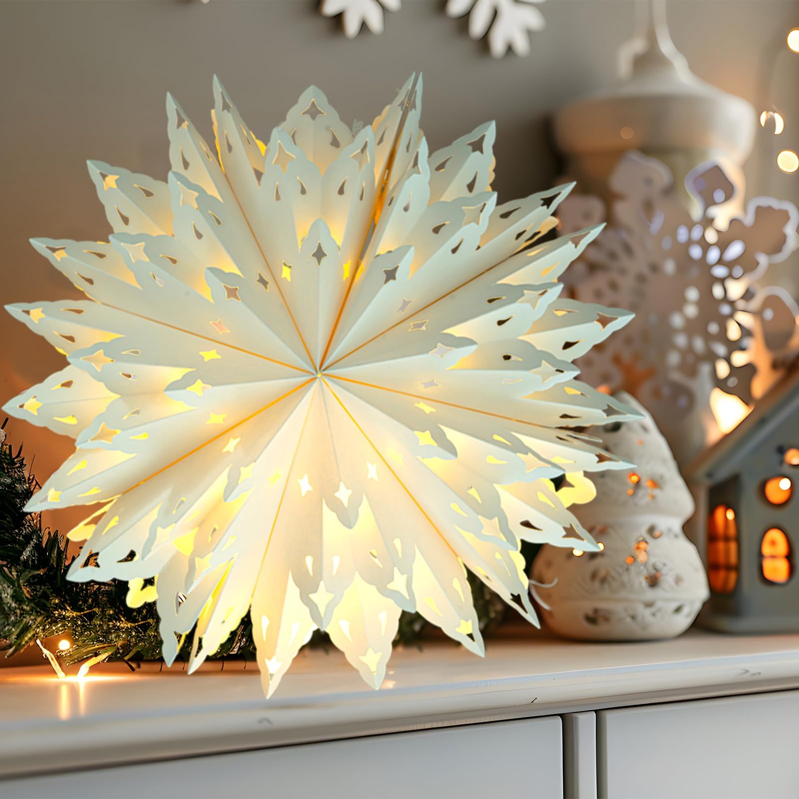 5 Stück Weihnachten Papier Schneeflocke Laternen Weihnachten Papier Stern Laterne mit LED Licht Weiß Hängelampe Ornamente für Weihnachtsbaum Neujahr Winter Frozen Hochzeiten Geburtstag Urlaub Party