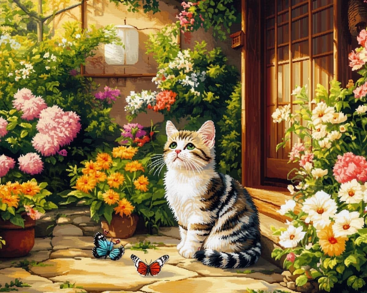 AxiangziK Cross Stitch Kits for Adults Beginners,Cats and Butterflies in the Yard 16x20 inch 11CT Counted Cross Stitch Embroidery Kits for Living Room Bedroom Art Decoration Perfect Women Gift