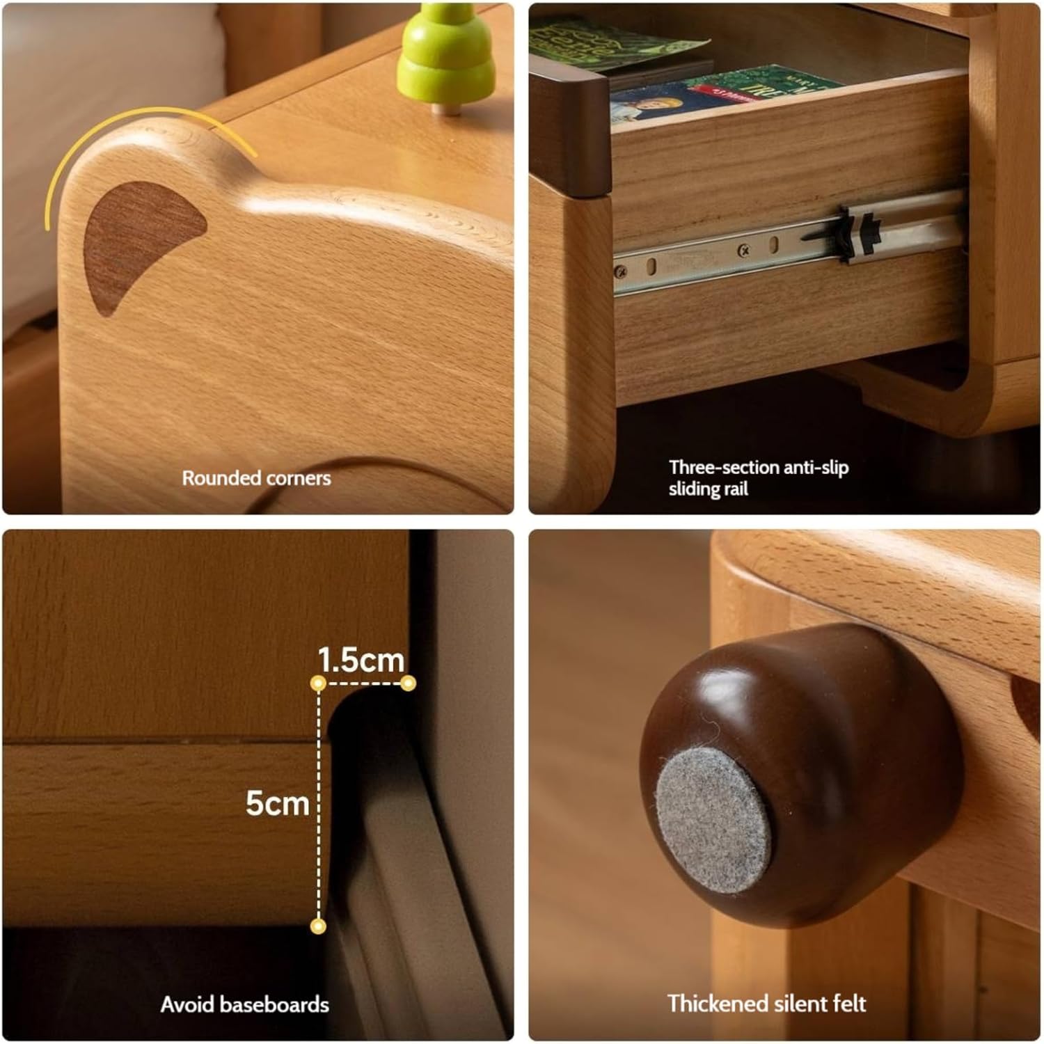 GVAwood Beech Solid Wood Children s Cartoon Bear Nightstand 15.7x13.8x18.5 inch / 40x35x47 cm/Natural Wood Color/Nightstand