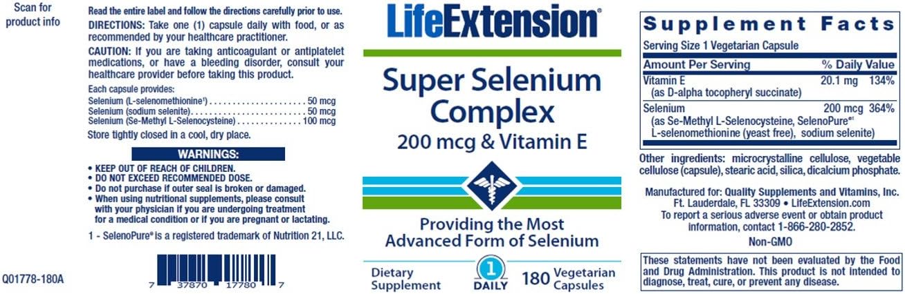 Life Extension Super Selenium Complex with Vitamin E – Cellular Health & Longevity Support – Gluten-Free, Non-GMO, Vegetarian –100 Capsules : Health & Household