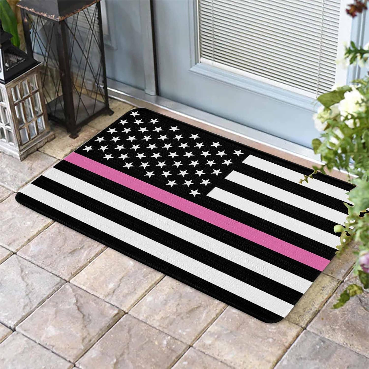 ALAGEO Doormat Pink Line Women in Emergency Service Welcome Mat Entrance Floor Mat American Flag Door Mar Indoor Outdoor Entrance Floor Mat Non Slip Rubber Mat 20 x 32 inch