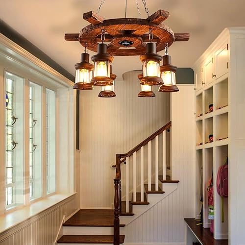 Miniatura 4 de Lámpara colgante de madera industrial de 6 luces, candelabro colgante antiguo de madera con rueda de barco, pantalla de vidrio de metal E26, lámpara