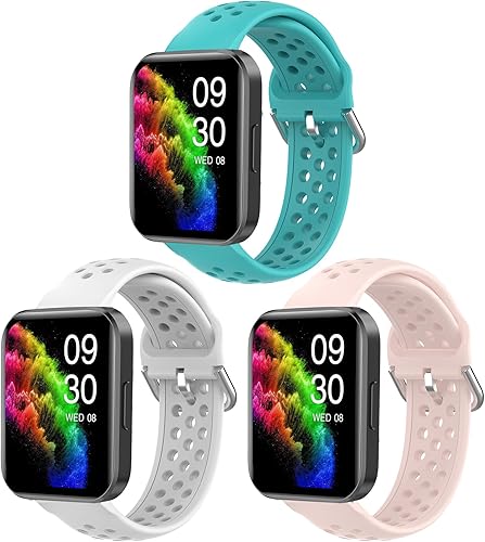 RUIMEN D1 - Paquete de 3 correas compatibles con Amazfit Bip 6 bandas de reloj de silicona transpirable (rosa, blanco, verde azulado)