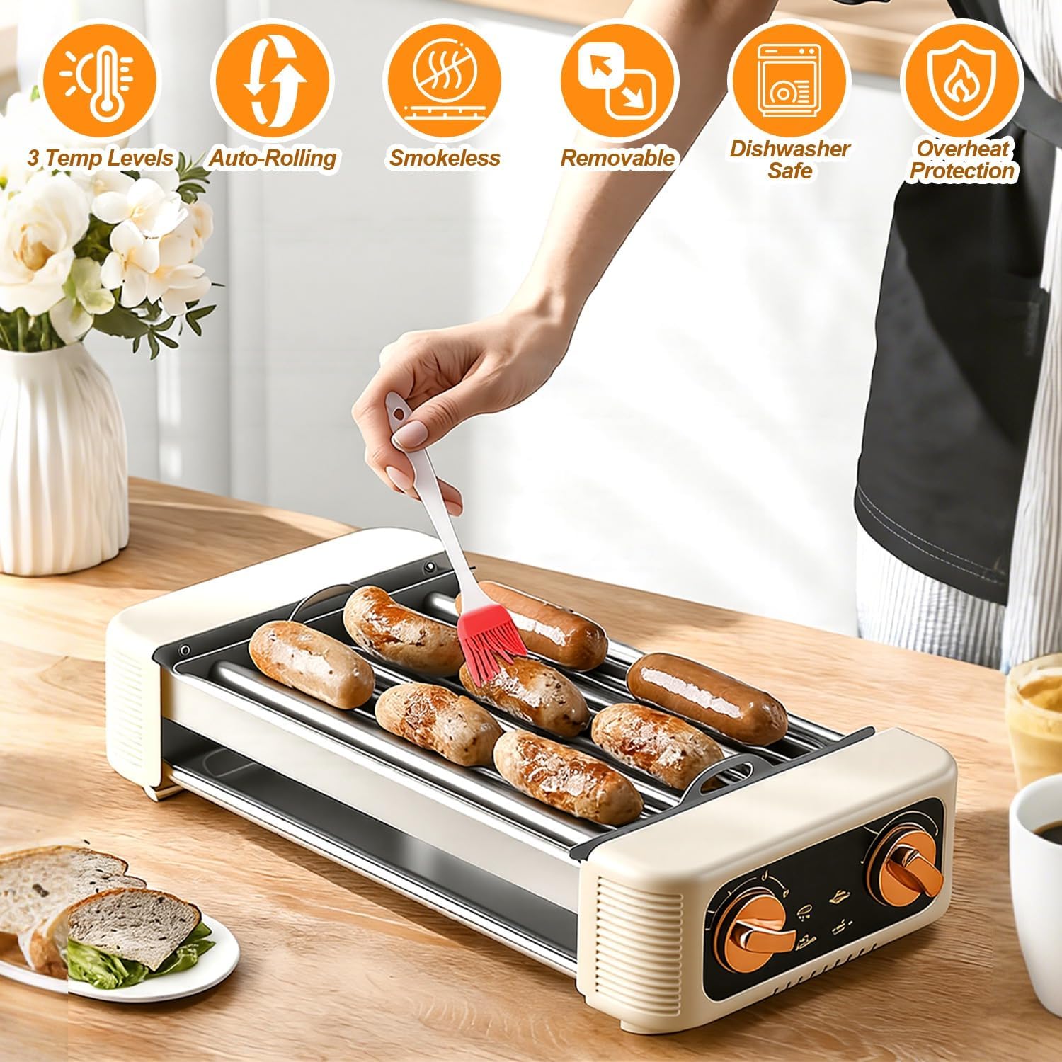 KOCASO 3-in-1 Electric Hot Dog Roller with Grill & Griddle – 6-Roller Smokeless Non-Stick Cooker, 3 Temp Levels (176–482°F) for BBQ Sausages, Skewers, Burgers, Veggies – Indoor/Outdoor Use