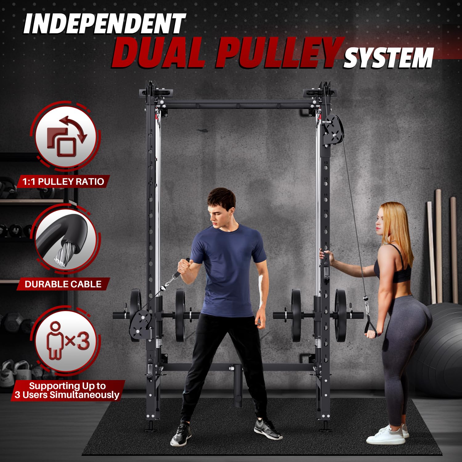 Folding Power Rack, Wall Mounted Squat Rack with Cable Crossover Machine & LAT Pull Down Multi-Function Space-Saving Power Cage with 7 Adjustable Modes/Dual Pulley System/Pull-up Bar/360°Landmine