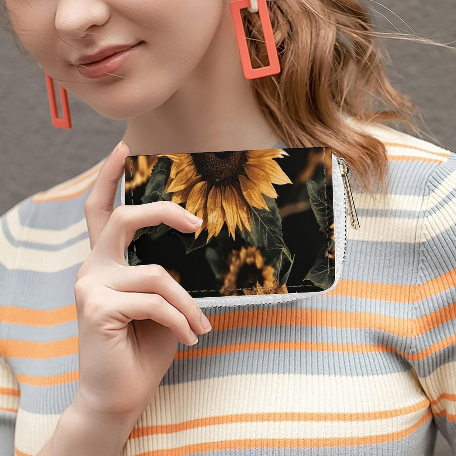 Brown Leaves Sunflower Card Holder RFID Blocking,Credit Card Wallet for Women And Men,Card Case Organizer Bag with Zipper