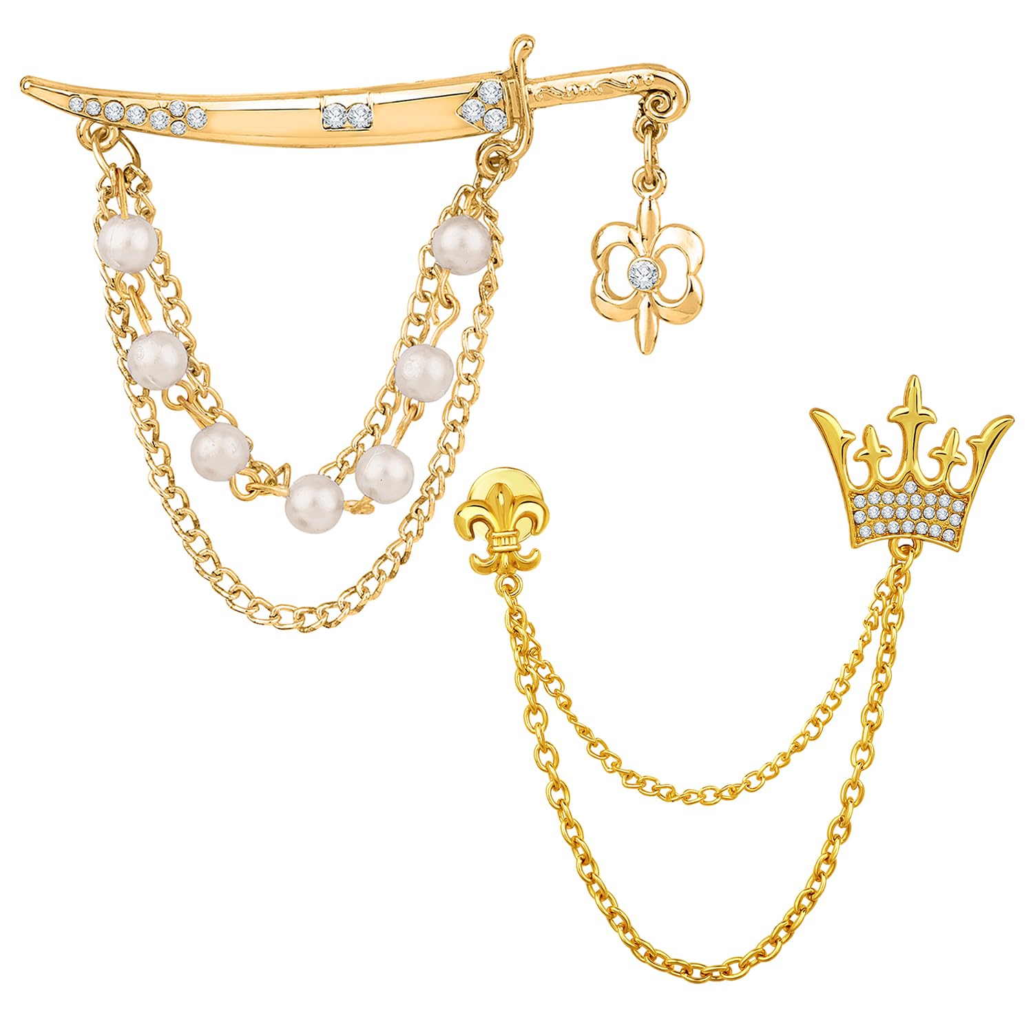 mahi Combo of 2 Crown Sword-Shape and and Hanging Chain Brooch with Artificial Pearl and Crystals for Men (CO1105786GWhi)-picture-30