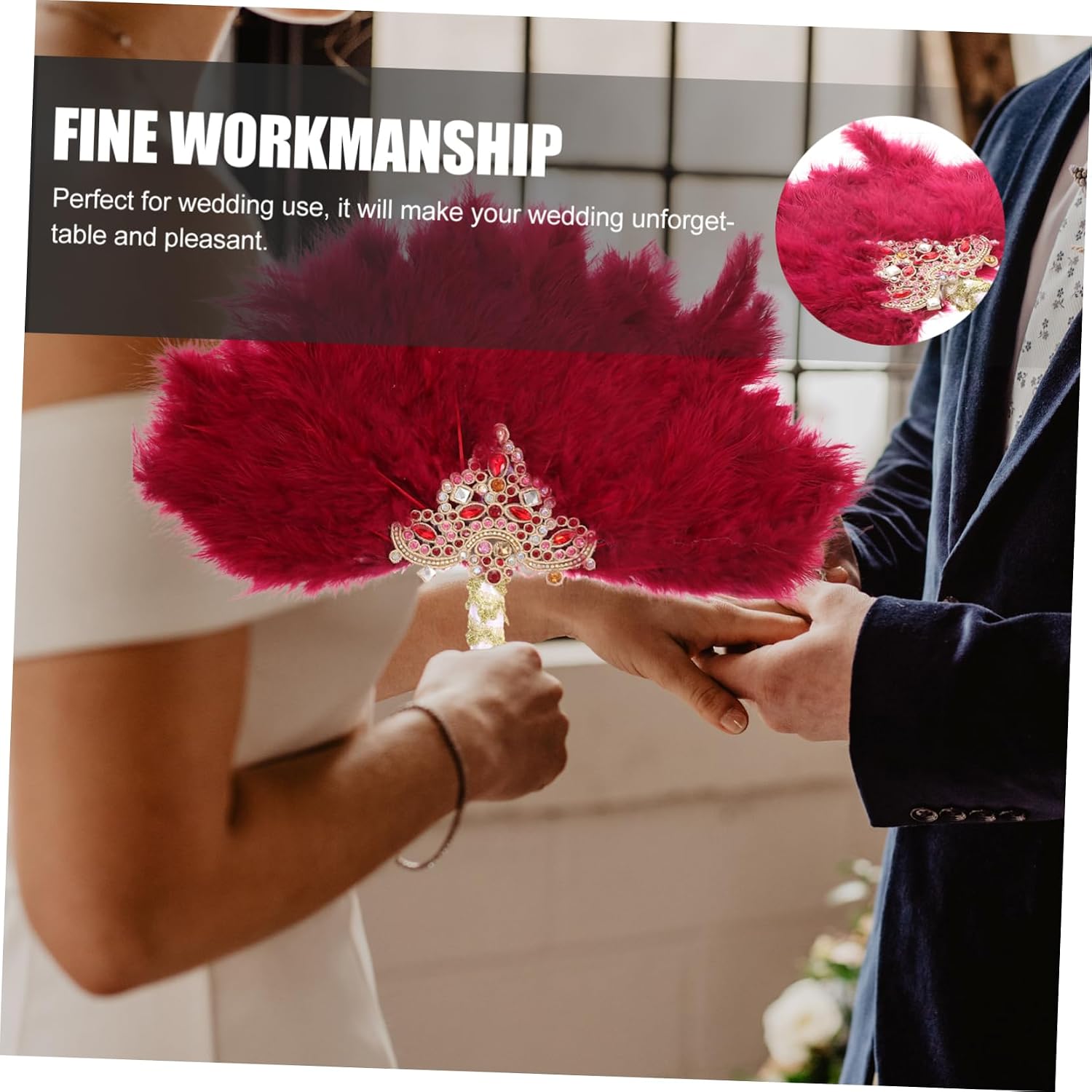 ERINGOGO Elegant Rhinestone Plume Design Fan for Weddings Handheld Bridal Prop for Performances and Parties present for Female Friends Portable and Accessory