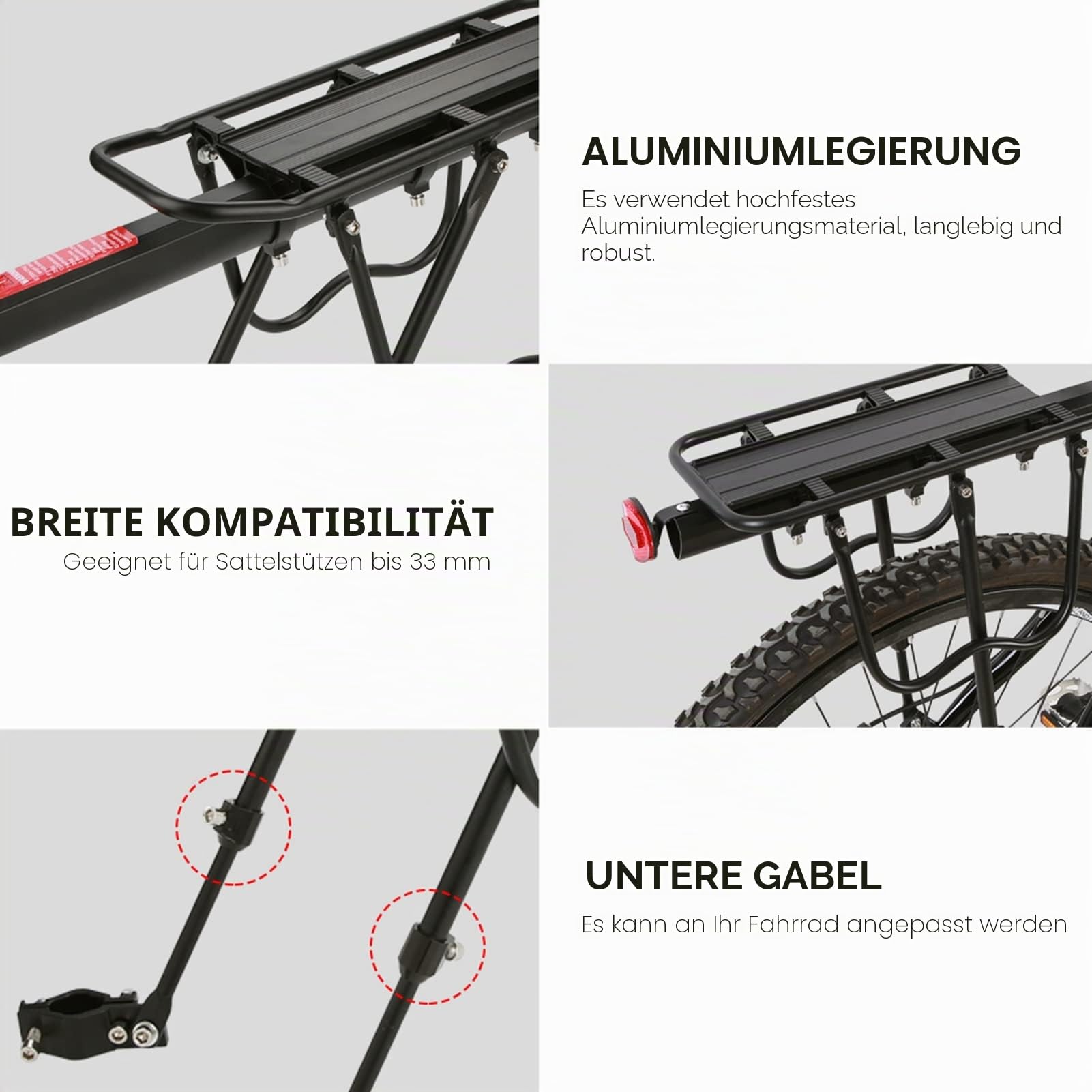 Gepäckträger Mountainbike, Universal Fahrrad Gepäckträger mit Reflektor Fahrradständer Mountainbike Einstellbare Träger Aluminium-Legierung Fahrradgepäckträger 50KG Belastung
