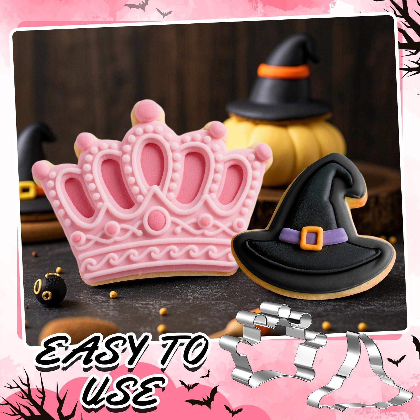 Teenyyou 2 piezas de princesas y brujas, cortadores de galletas rosa y verde de 3 pulgadas, corona de sombrero de bruja, cortador de galletas para decoración de fiestas