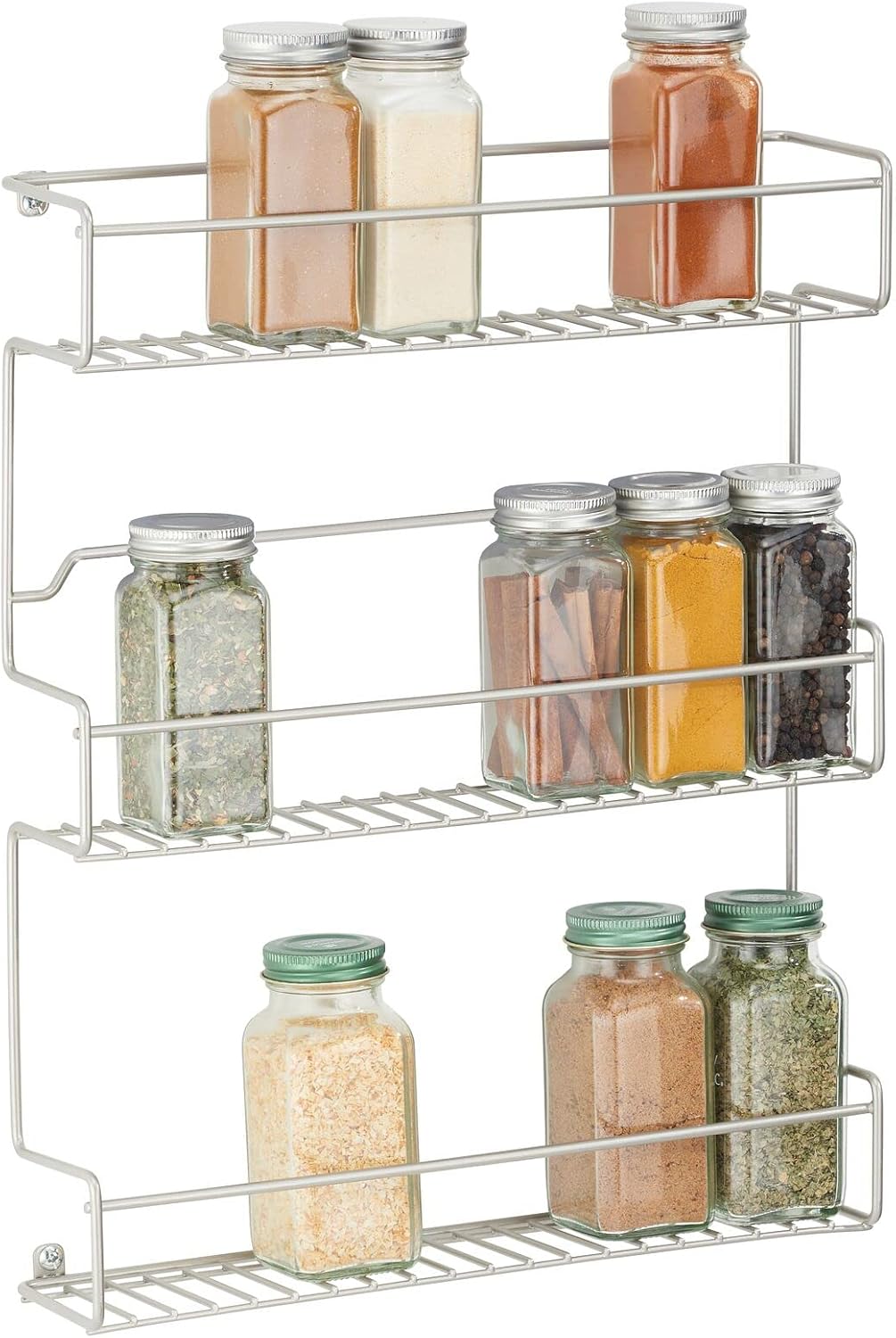 mDesign Metal Self-Adhesive 3-Tier Wall Mount Kitchen Spice Rack Holder, Storage Organizer for Cabinet, Cupboard, Pantry, Shelf - Holds Spices, Cooking/Baking Supplies, Poppon Collection - Satin