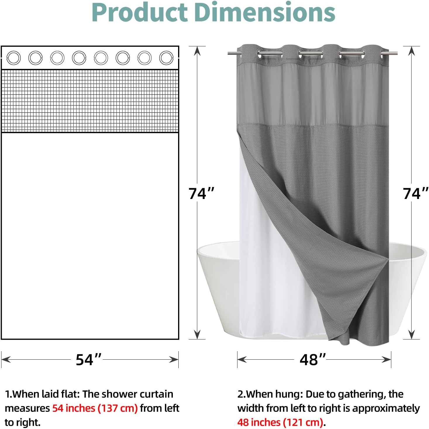 grey no hook waffle weave shower curtain with snap-in liner replacement, 230gsm waterproof fabric hotel shower curtain set for bathroom, through mesh top window,54wx74h 54"w x 74"l (pack of 1) grey
