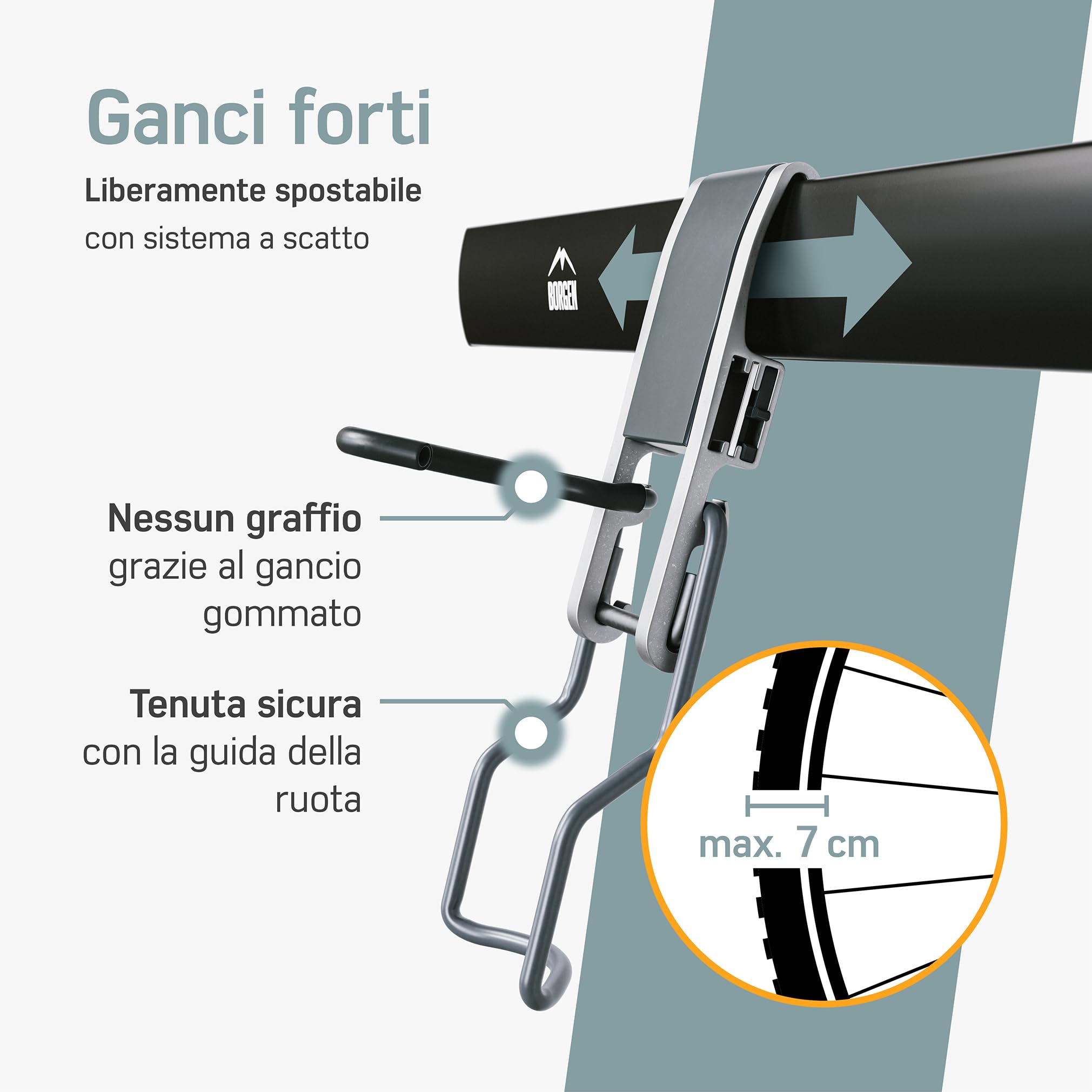 Borgen supporto bici da parete verticale, regolabile, per e-bike, MTB e bici da corsa, sospensione murale universale