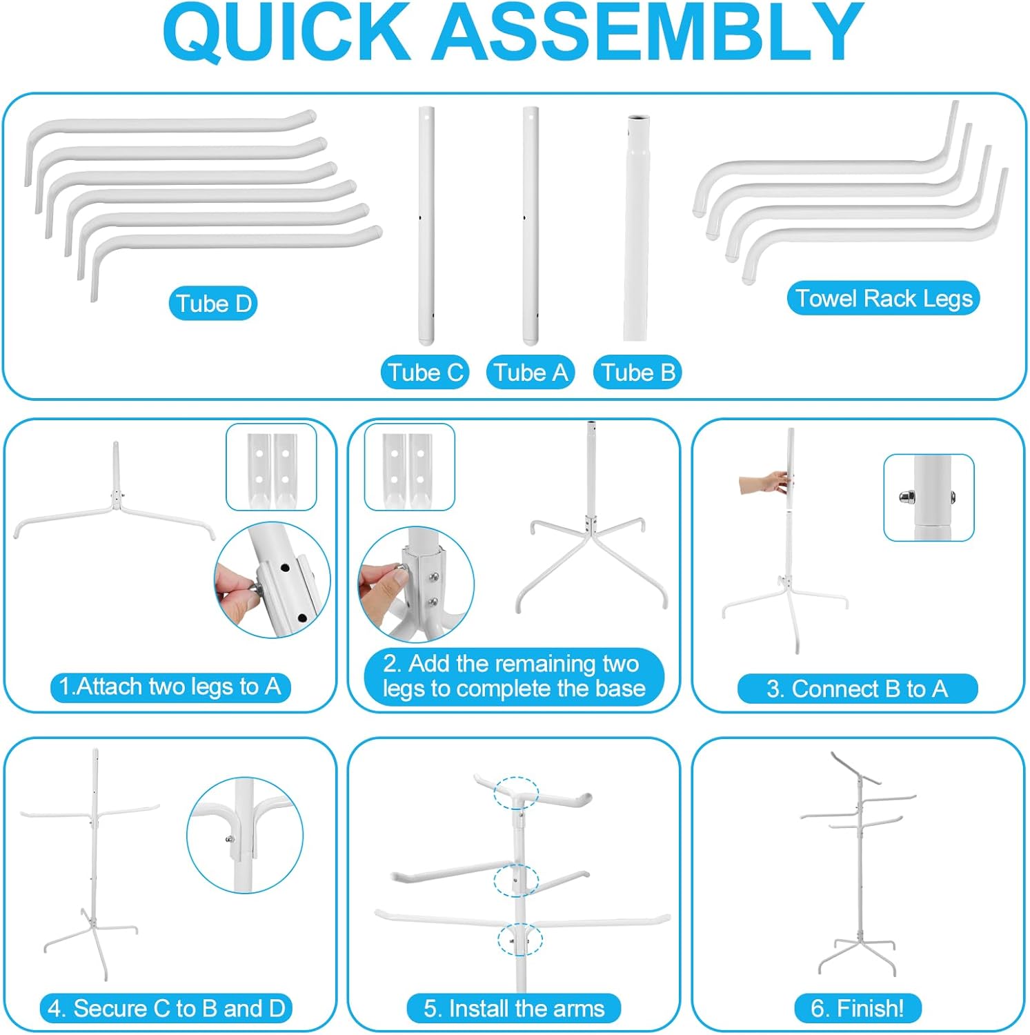 Pool Towel Rack Outdoor, Heavy Duty Freestanding Towel Holder Stand with 6 Bars & Stable Metal Base, 52-inch Tall Hot Tub Towel Hanger for Poolside, Spa, Bathroom, Sauna (White)