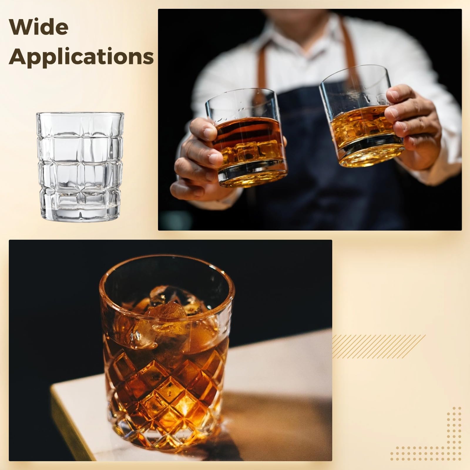 Zestaw 4 szklanek do whisky, przezroczyste szklanki Lowball z solidnym wzorem w kratkę do burbonu i koktajli