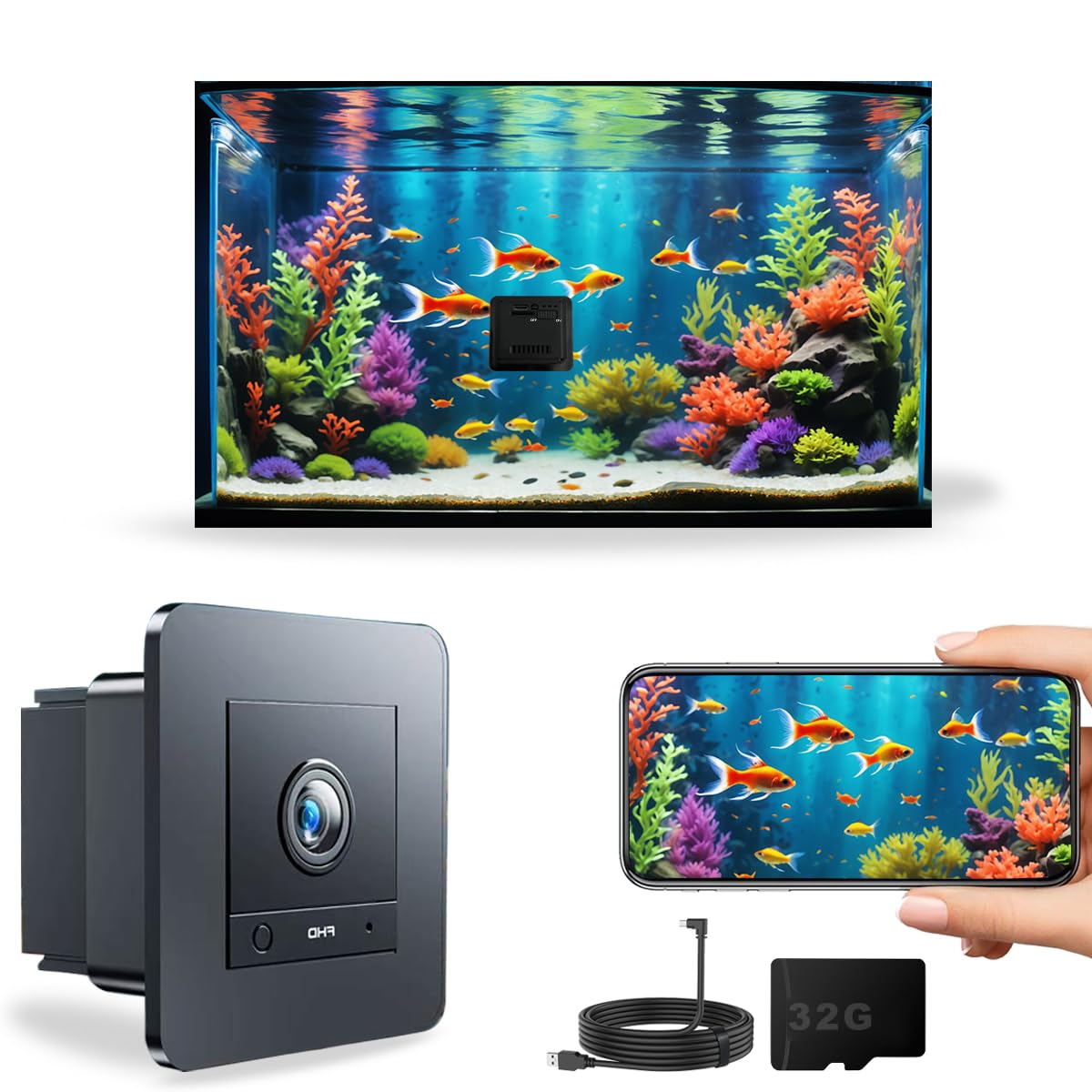 Videocamera per acquario HD 2K per pesci: serbatoi e rettili, lenti antiriflesso, visione notturna, audio bidirezionale, rilevamento del movimento AI, accessori per acquari con scheda SD da 32 GB