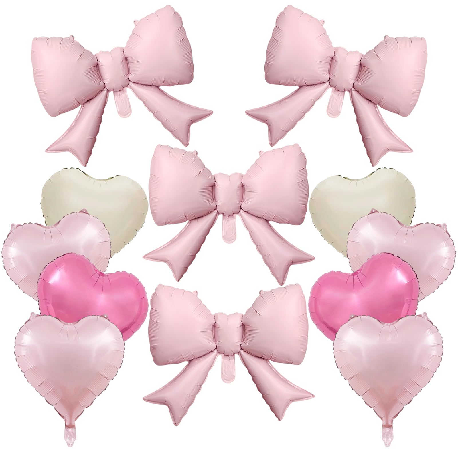 Large Bow Balloons Set, 4 Pack Pink Giant Bow Balloon with 8 Pack Heart Foil Balloons, Elegant Coquette Party Decorations for Birthday Wedding Valentines Baby Shower Bachelorette (Pink)