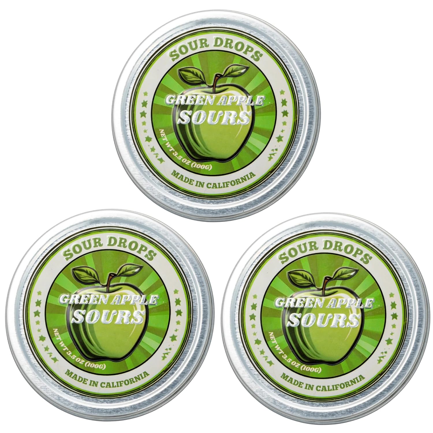 Sour Drops - Green Apple Sour Hard Candy - Small Batch - No Artificial Dyes, Vegan & Gluten Free - 3 Gift Tins (100g Each)