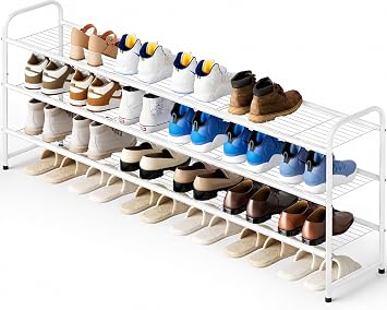 3-Tier Long Shoe Rack for Closet Metal Shoe Organizer for Entryway, Wide Stackable Shoe Storage Shelf with Sturdy Wire Grid for Closet Floor, Bedroom, White