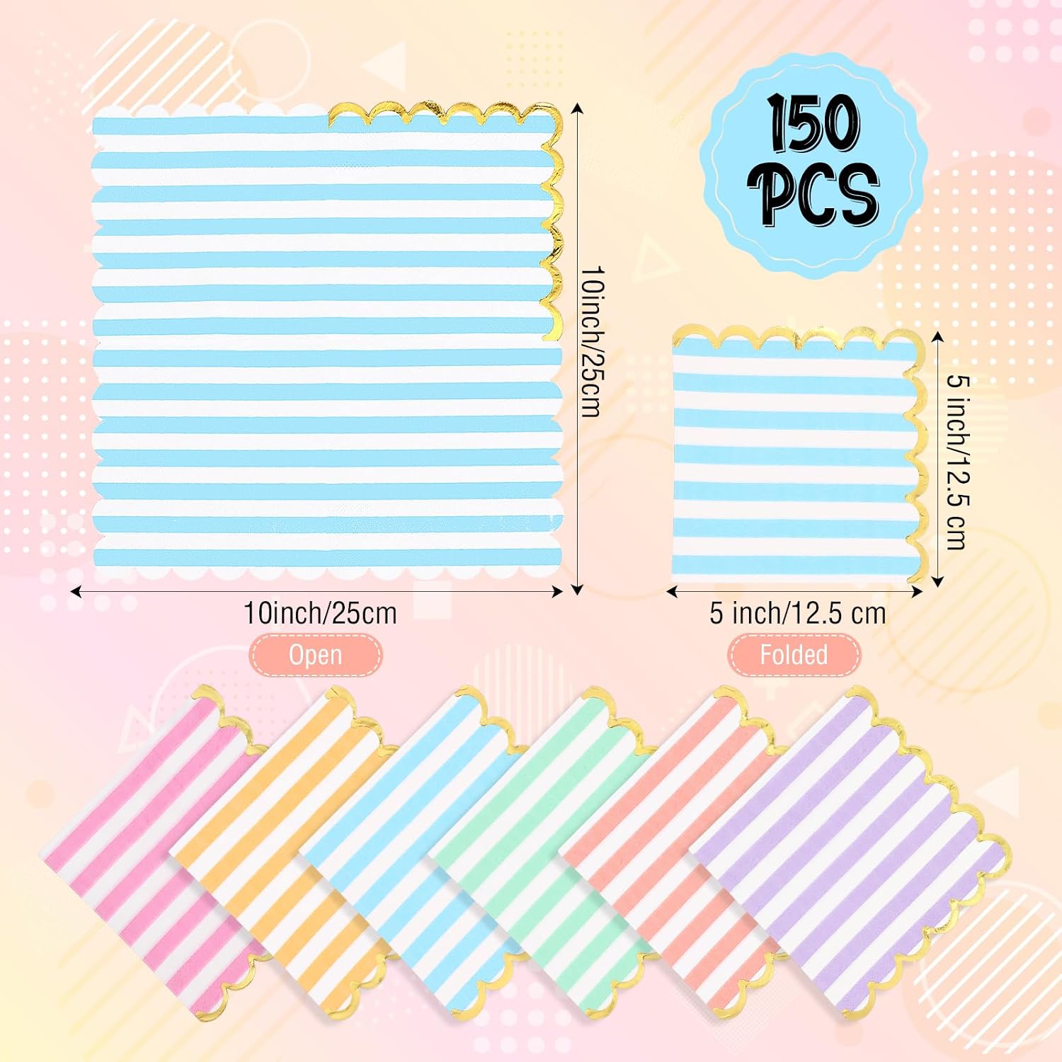 Layhit 150 Pack Pastel Napkins Scalloped Gold Foil Party, Stripe Color image 2