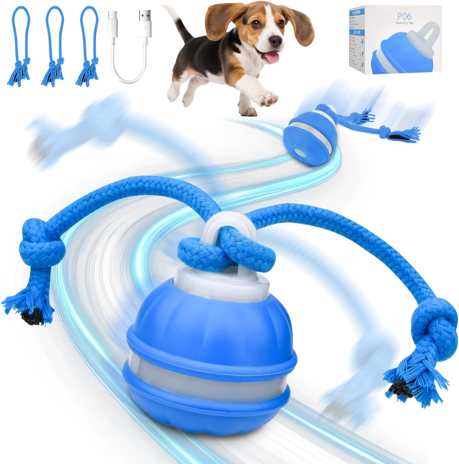 Interactive Dog Toy Interactive Play Ball for Dogs Interactive Play Ball Dog Ball Electric Ball with Tail 3 Chew Cords Intelligent Dog Toy Ball for Small Dogs Puppies