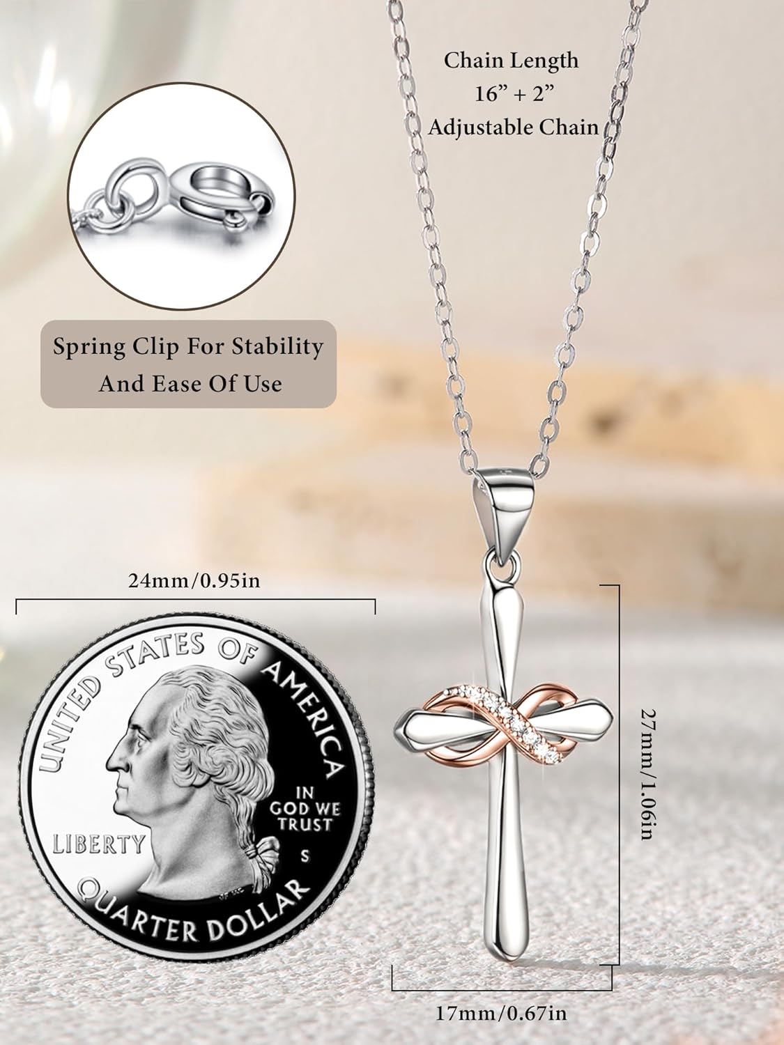 925 Sterling Silver Cross Necklaces for Women,4A CZ Infinity Cross Necklace,16”+2“ Adjustable Chain Cross Pendant Hypoallergenic Jewelry Gift for Women - Image 3