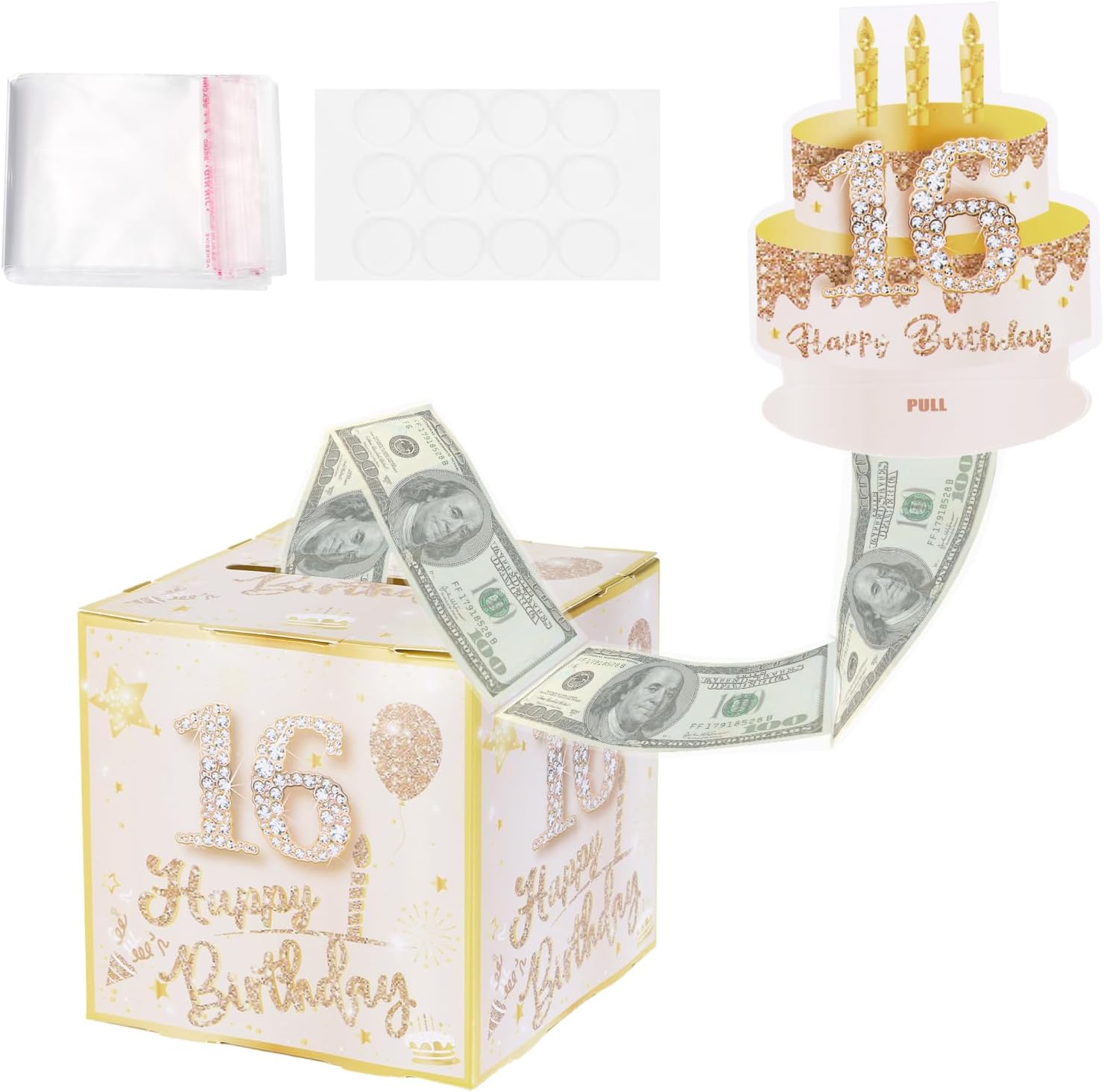 PATIKIL 16th Birthday Money Box for Cash Gift, Birthday Money Pull Box with 100pcs Transparent Bags for Birthday Surprise Card Party Decorations Women Girl Best Friend, Pink Gold