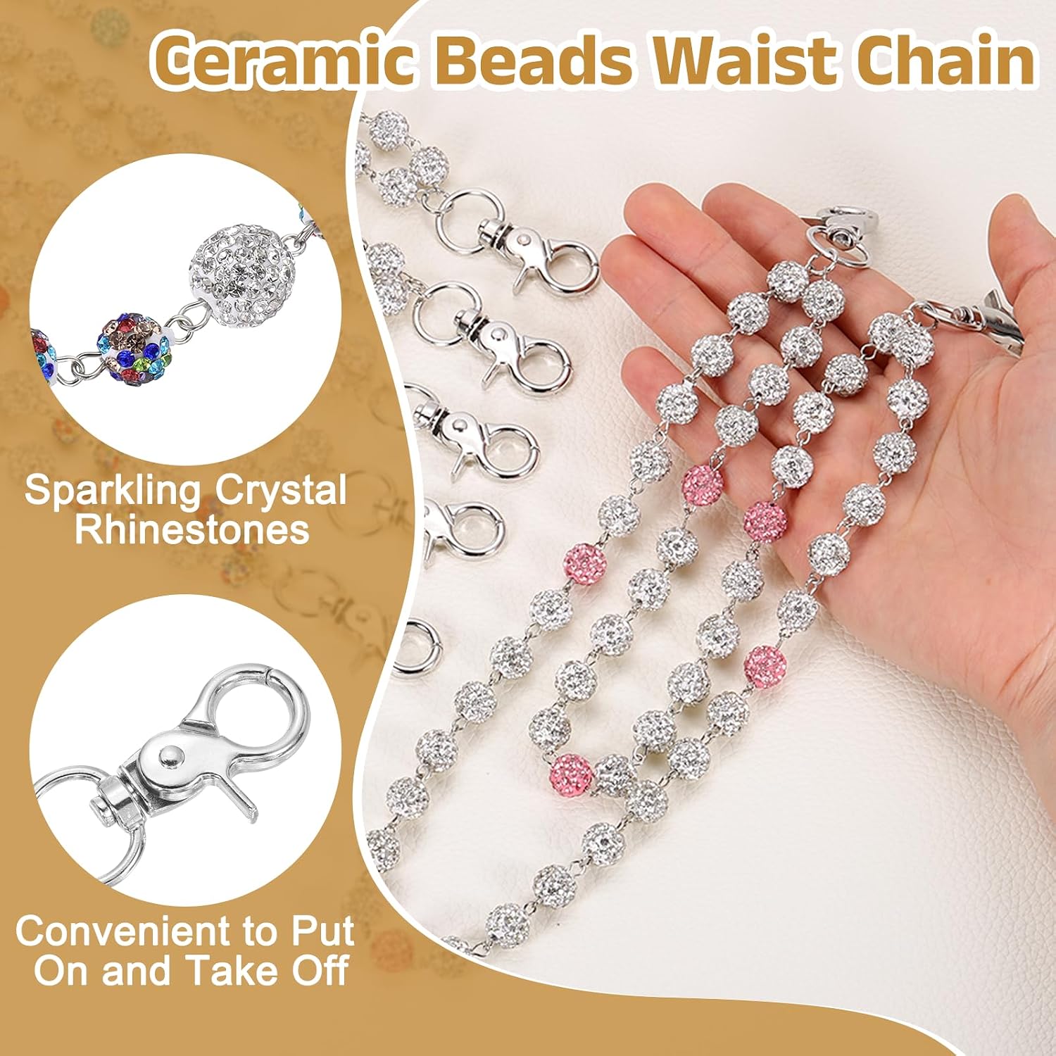 uxcell Ceramic Beads Waist Chain, Women Sparkly Rhinestone Wallet Keychain, Layered Jeans Pocket Chains for Women image 3