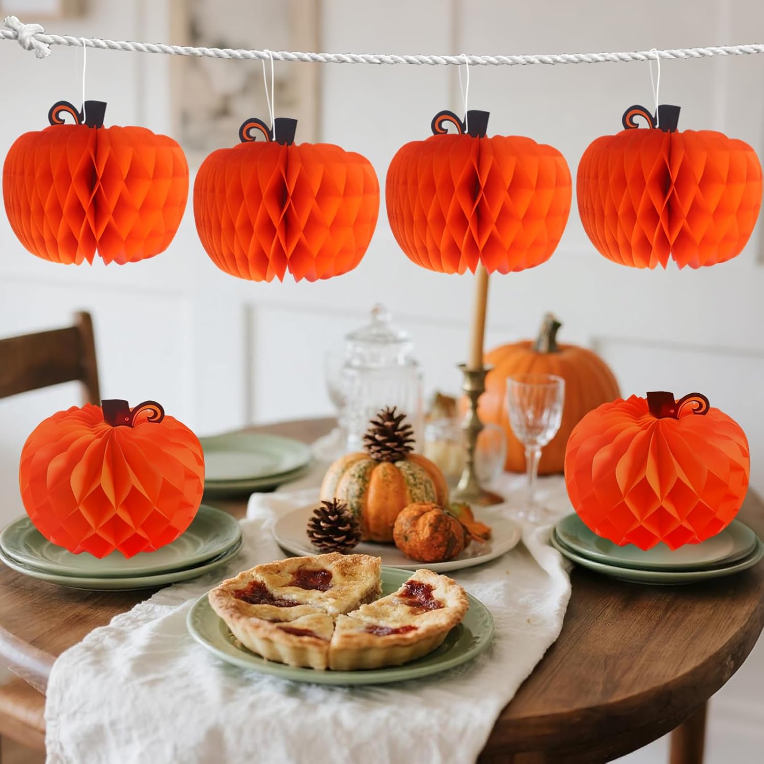 3PCS Thanksgiving Party Centerpiece, Paper Pumpkins and Turkey Decorations for Tables, Fall Honeycomb Decor Accessories for Autumn Harvest Festival(6 Pumpkins)