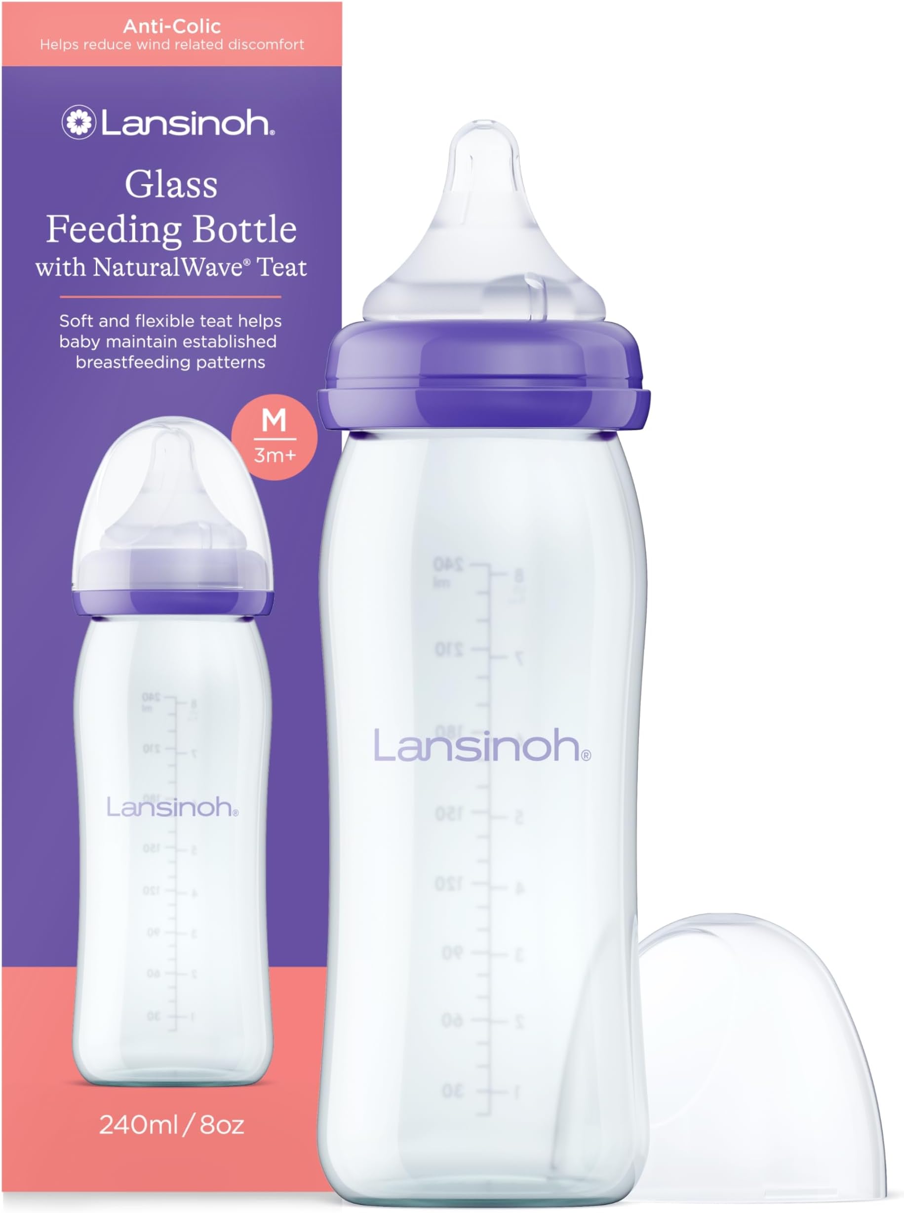 Glass Baby Bottle + NaturalWave™ Medium Flow Teat with Anti Colic Air Vent - 240ml - Breastfeeding Bottle Feeding: Clinically Proven to Reduce Nipple Confusion