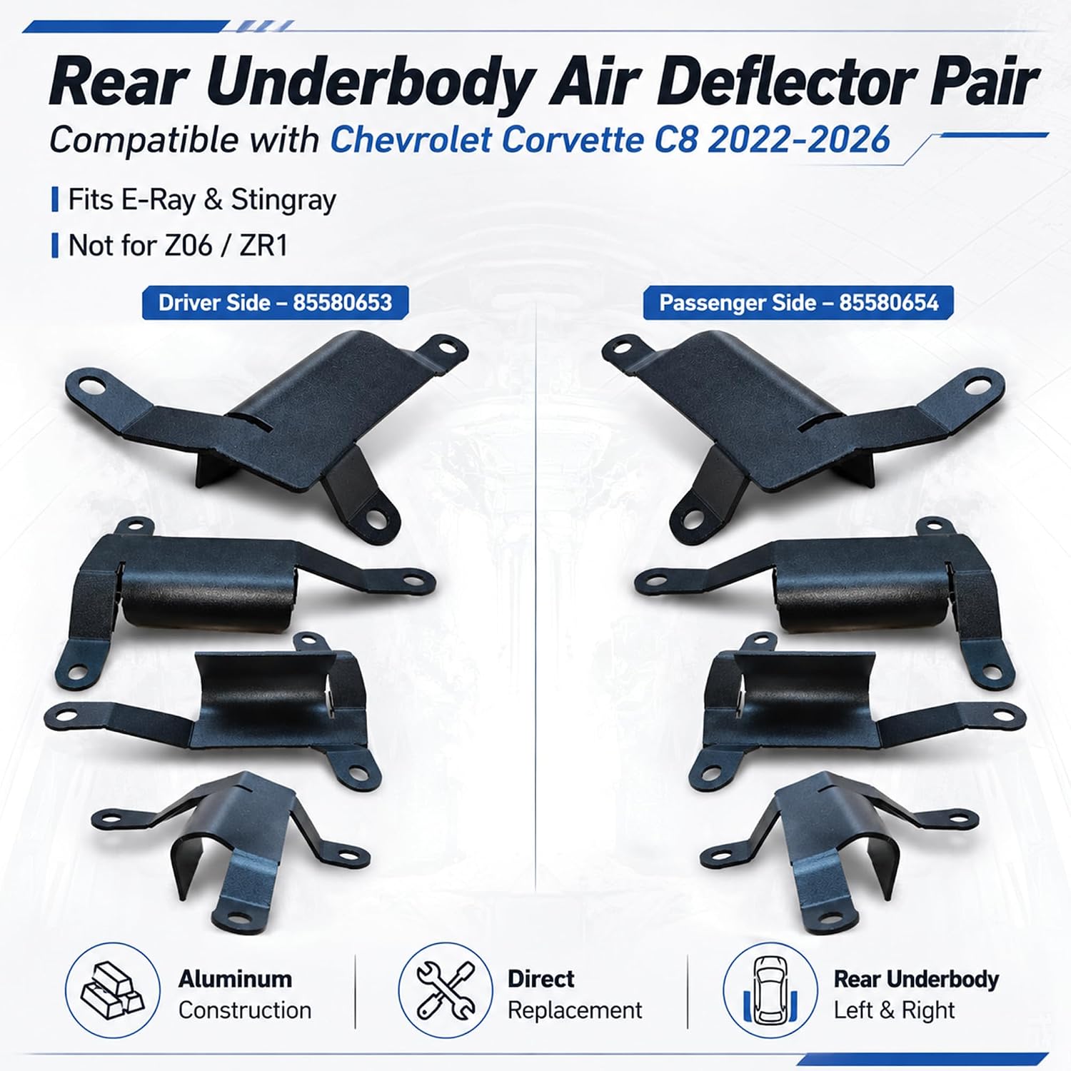 Rear Underbody Air Deflector Set Compatible with 2022-2026 Chevrolet Corvette Stingray and 2024-2026 E-Ray, C8 Generation, Left Right Black Aluminum Shields, Replaces 85580653 85580654