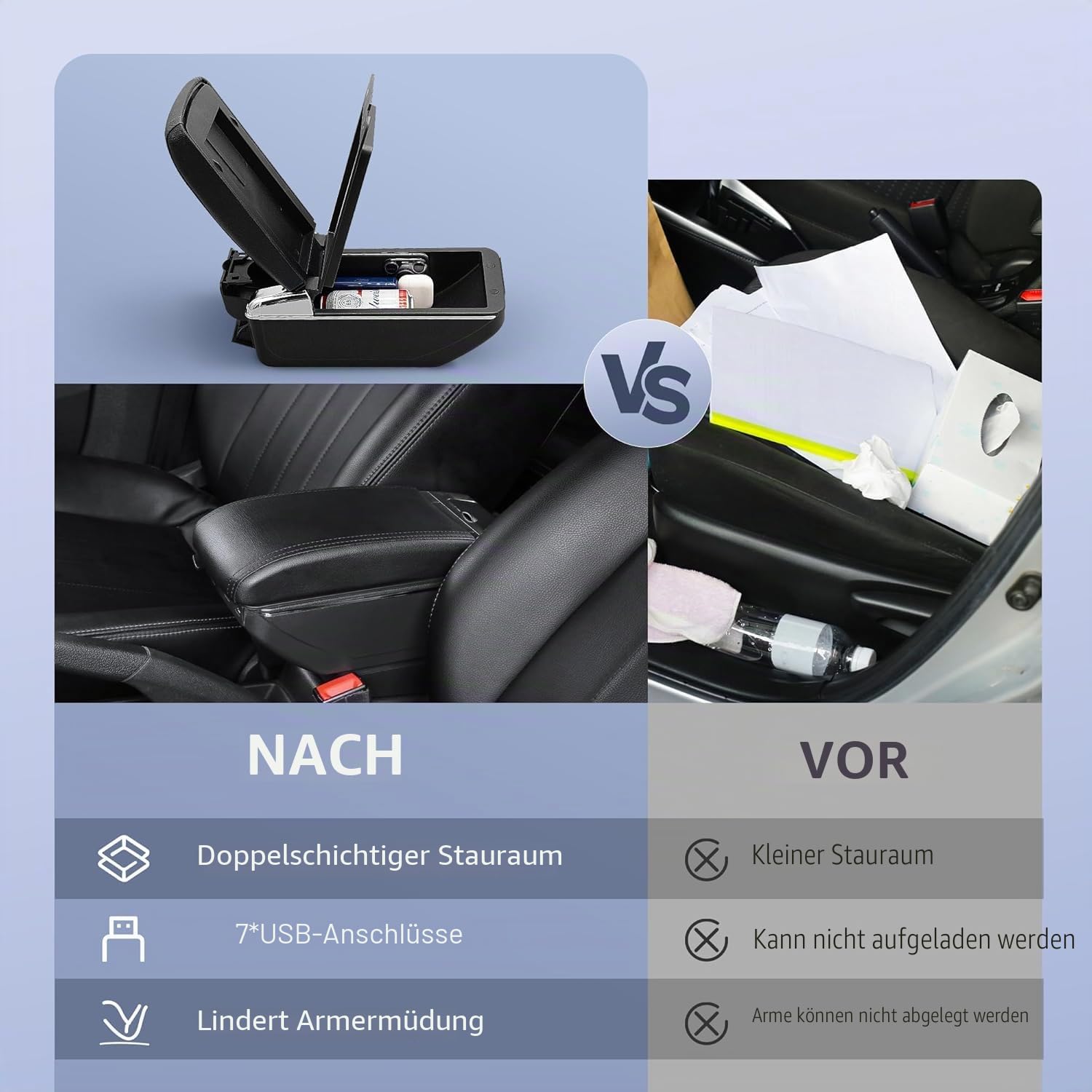 Auto Armlehnen für Honda Fit Jazz 2009-2013 Mittelkonsolen für Kfz Doppelter Stauraum mit Getränkehalter 7 USB-Anschlüsse Hintere Utility-Box Einfache Montage (Schwarze Linie)