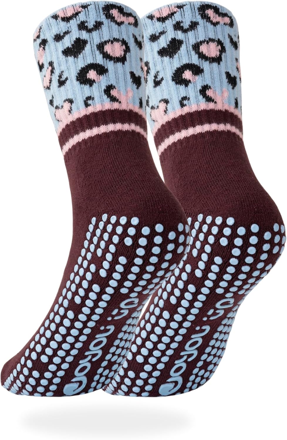 1Pair Floral Print Non-Slip Pilates Socks for Women Workout Casual Crew Midi Calf Yoga Socks with Grip(1Brown)