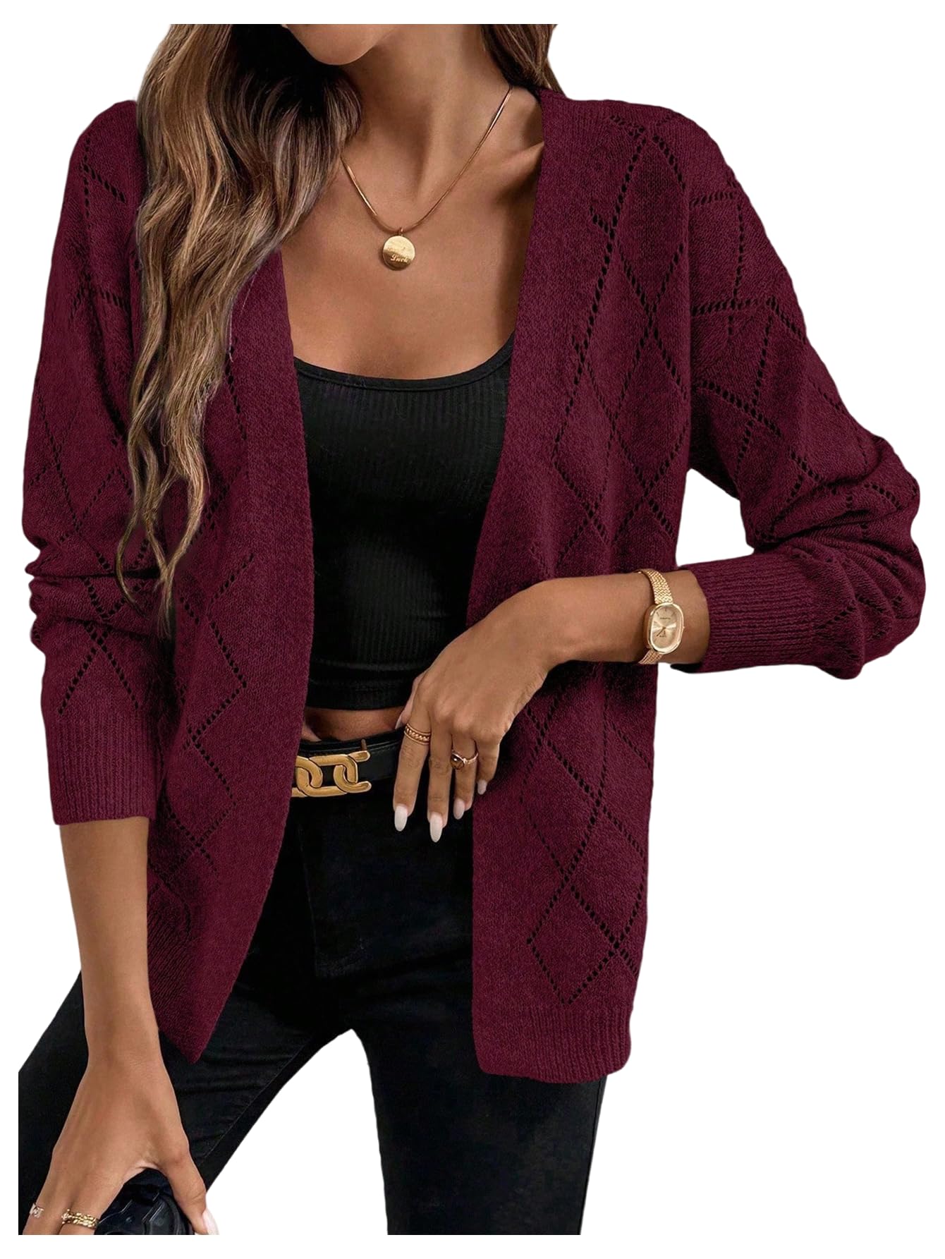 Verdusa Womens Argyle Plaid Lightweight Cardigan Sweaters Open Front Hollow Out Knitted Outerwear Dressy Casual Outfits