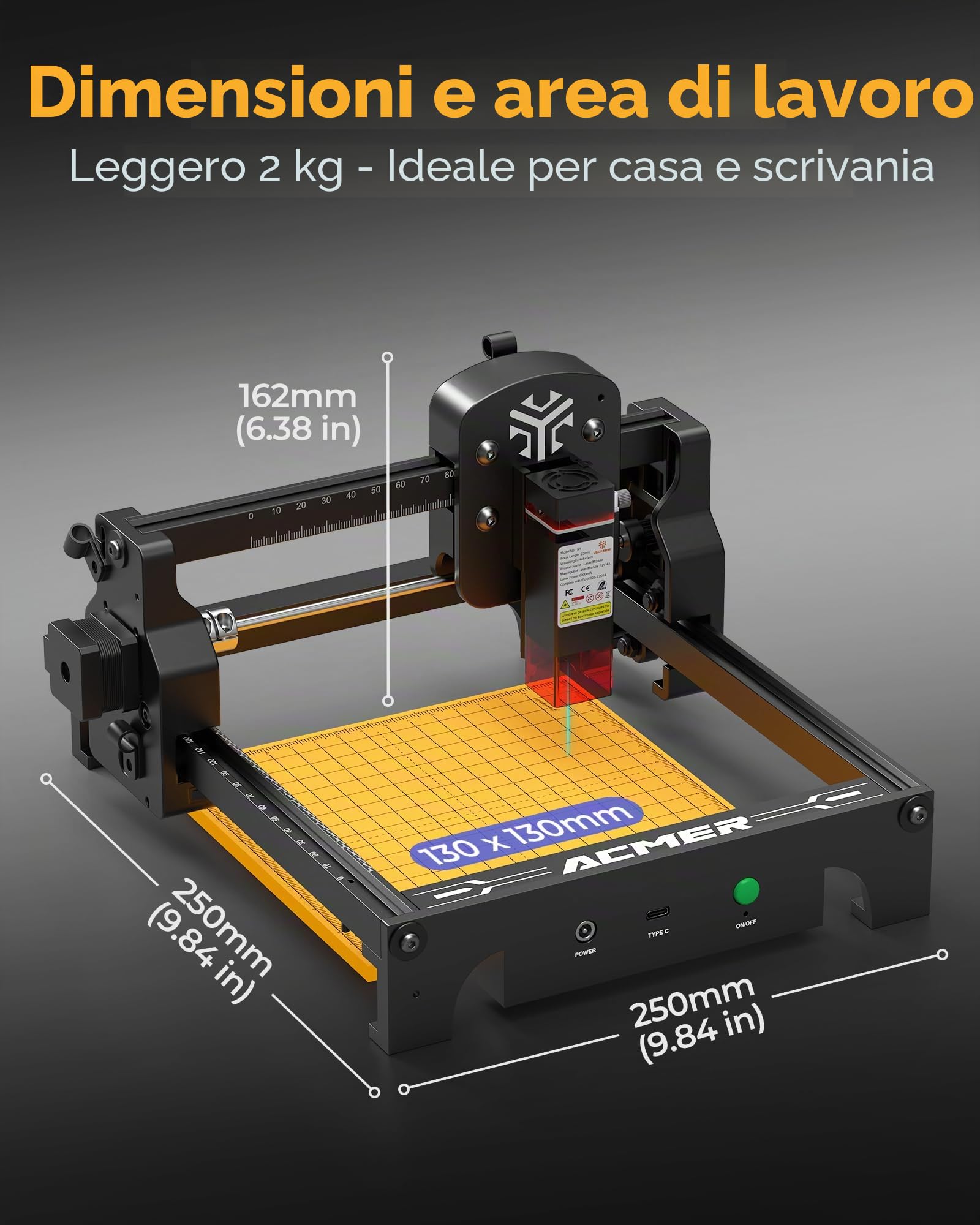 ACMER T1 - Macchina per incisione laser da 6 W, mini taglierina laser portatile, 0,01 mm, incisione laser ad alta precisione, area di lavoro 130 x 130 mm, incisione per legno, pelle, vetro, metallo e