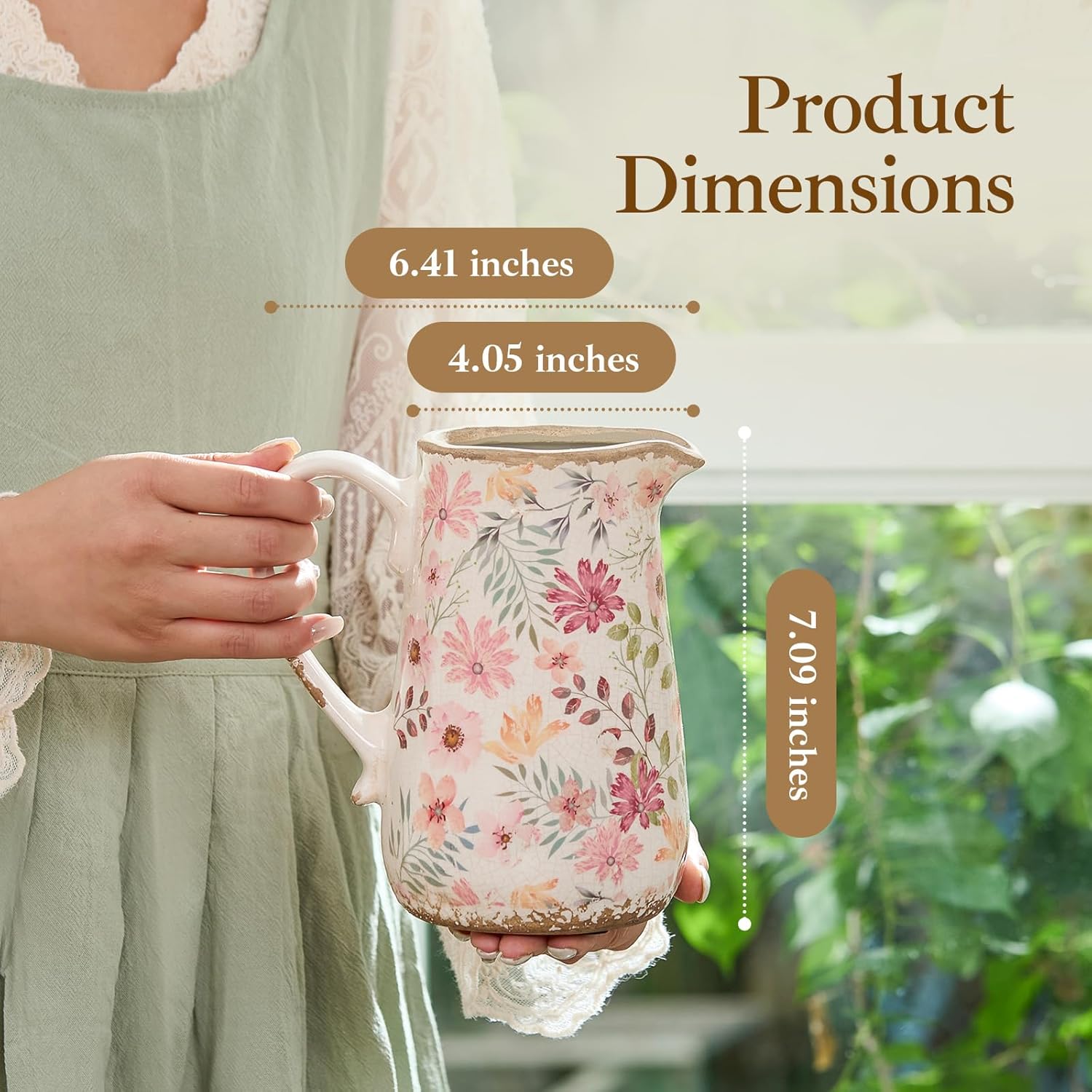 Vintage Colorful Daisy Flora Ceramic Vase with Handle, Retro Ice Glazed Crack Farmhouse Pitcher Vase for Home Decor, Living Room, Shelf, Office, Rustic Table Centerpiece 7 Inch - Image 6