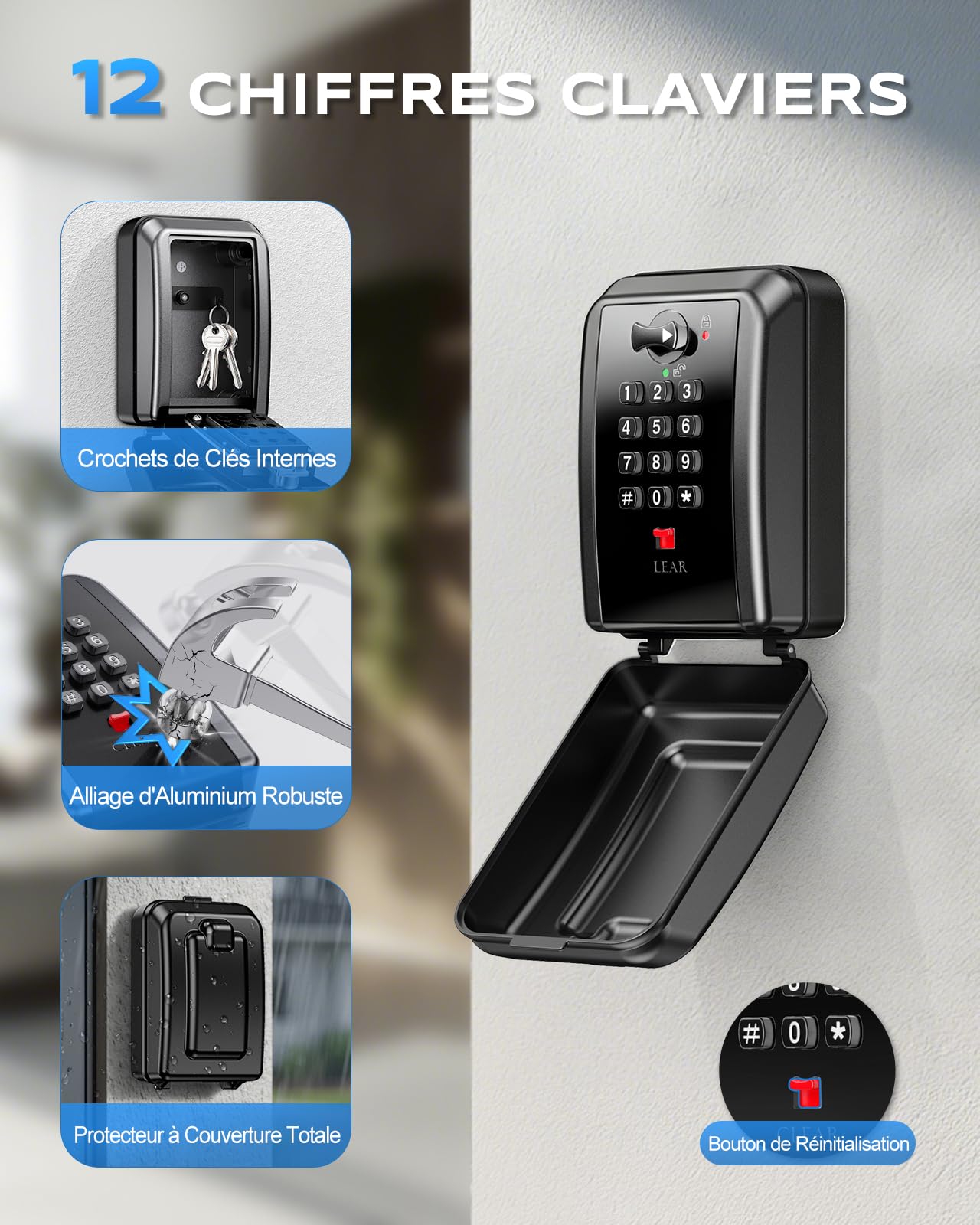 Mohard Boite a Clefs Securisee Exterieur, Grande Capacité Boite à Clé Murale avec Code Réinitialisable à 12 Chiffres, Résistante aux Intempéries, Coffre Fort a Clef Robuste pour Maison Garage Usine