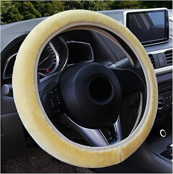 Augeny Fuzzy Car Steering Wheel Cover, Anti-Slip Soft Plush Steering Wheel Protector, 15 Inch Elastic Wheel Covers, Universal Vehicle Interior Winter Warm Accessories for Men Women Beige