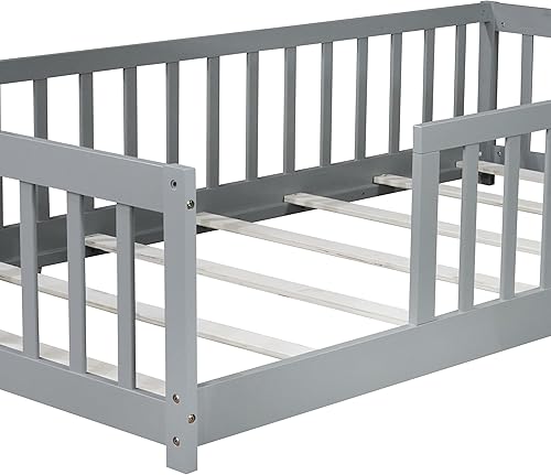 Miniatura 16 de Harper & Bright Designs Cama de suelo tamaño Queen con valla y puerta, marco de cama Montessori de madera para niños, niñas, listones incluidos, no