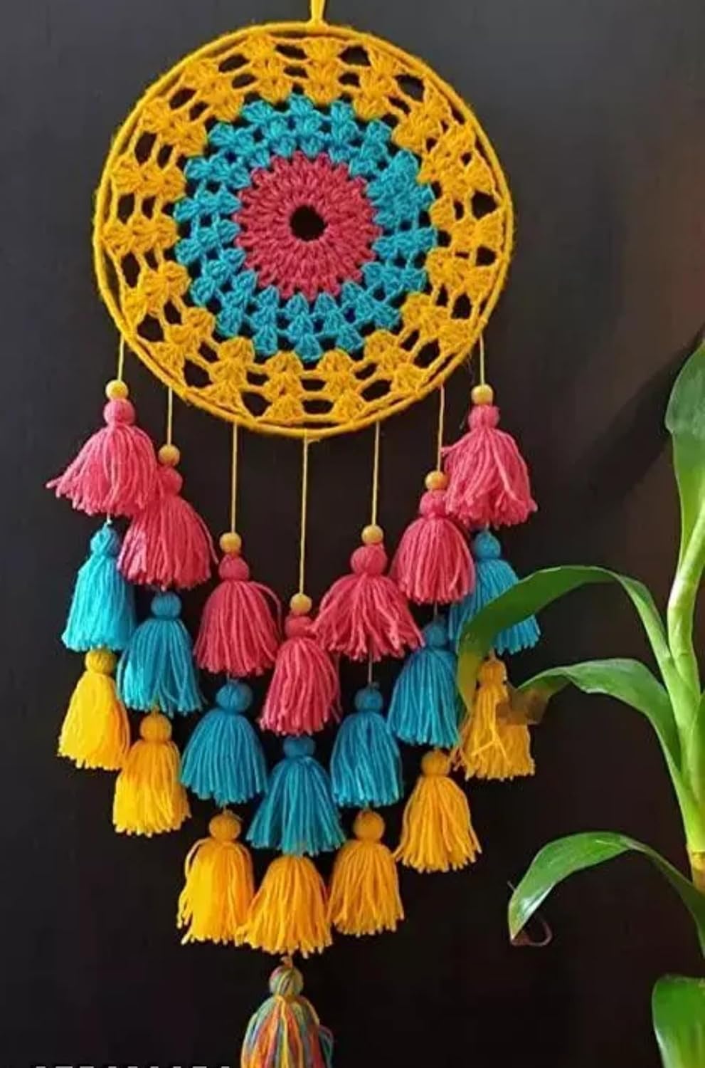 Handmade Crochet Dream Catcher with Colourful Tassels, Boho Wall Hanging, Yellow, Pink and Turquoise