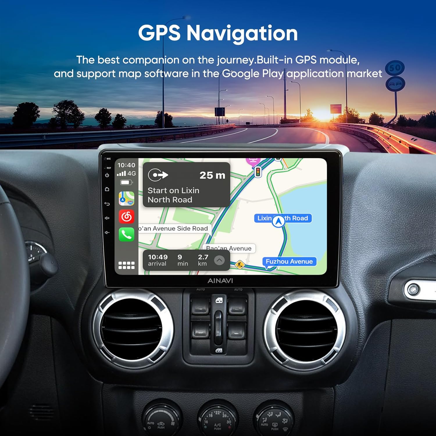 AINAVI unit displaying a GPS navigation map with route information and current location.