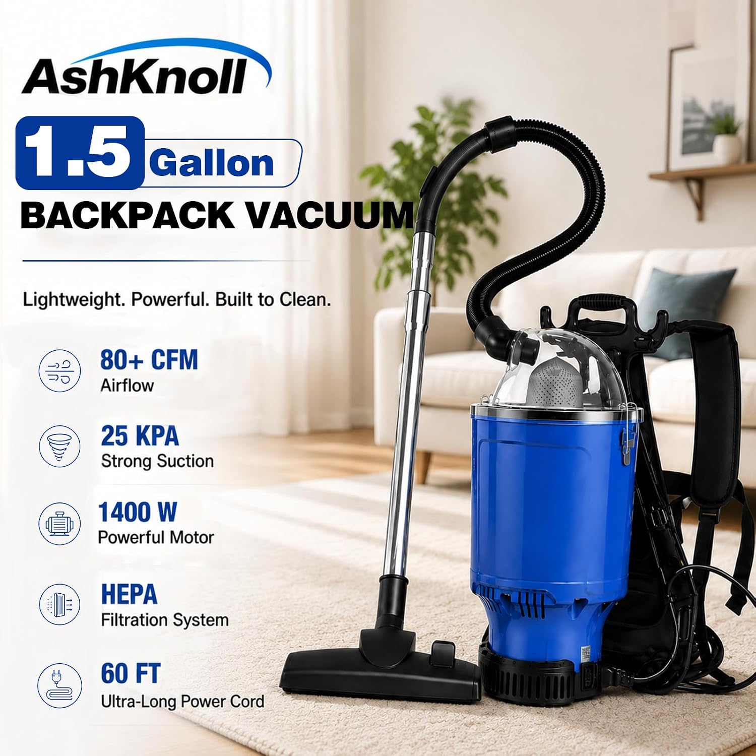 1400W 6 Quart Commercial Backpack Vacuum Cleaner for Stairs, Carpet, Floors
