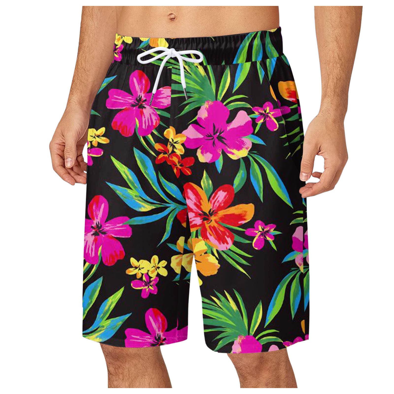 BIKETAFUWY Bermudas largas para hombre, longitud de la rodilla, secado rápido, bañador para hombre, largo de playa, deporte, pantalones cortos de baño, para hombre, rectos en Hawaiana, estampado de flores