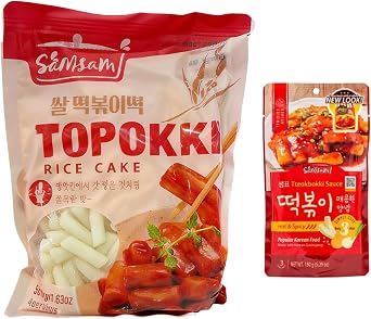 Topokki Rice Cake Kit, Samsam Topokki Rice Cake 500g+ Korean Tteokbokki Hot & Spicy Sauce 150g Samsam Topokki 500g+ Hot&Spicy Sauce 150g