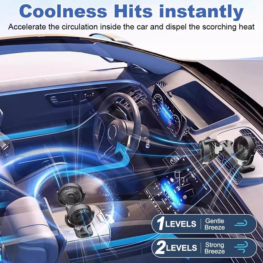 Ventilateur de voiture 5 V USB double tête - Portable - Rotation à 360° - Double tête - 2 vitesses - Faible bruit - Pour camion, camionnette, SUV, RV